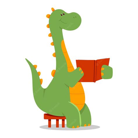 귀여운 공룡 읽기 책 벡터 만화 그림 흰색 배경에 고립 프리미엄 벡터