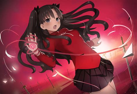 Tapety Ilustrace Anime Dívky černé Vlasy červené šaty Sukně