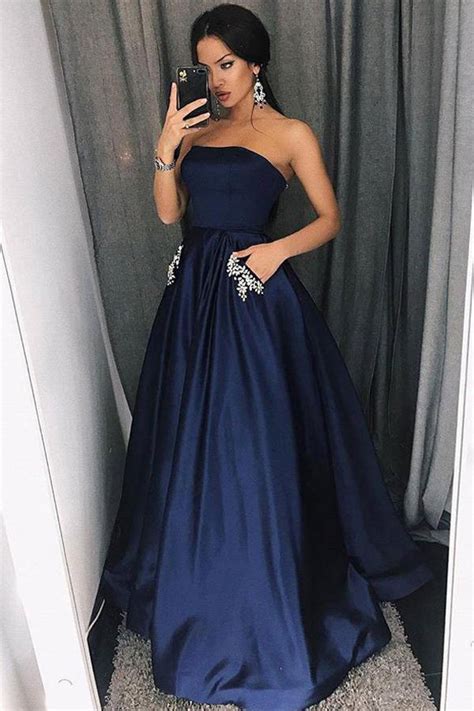 dark blue simple a line strapless beaded long prom dress with pockets sp404 simidress