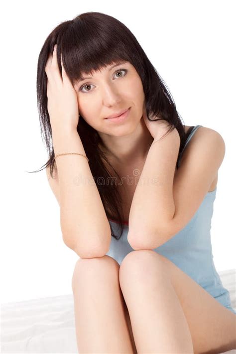 Attractive Woman Sitting On Bed Stock Image Image Of Blue Adult