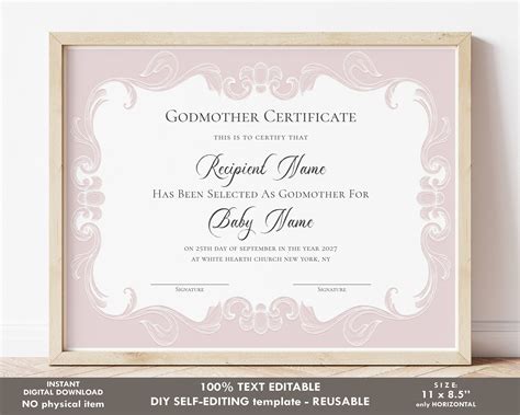 Editable Godmother Certificate Template Printable Baptism Certificate