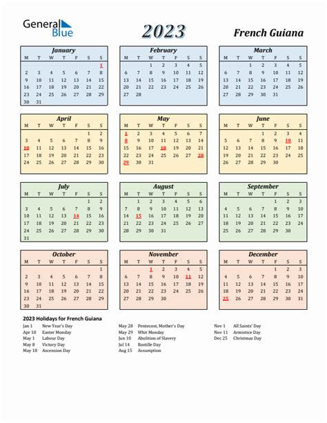2023 French Guiana Calendar With Holidays