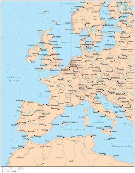 Single Color Western Europe Map With Countries Capitals Major Cities