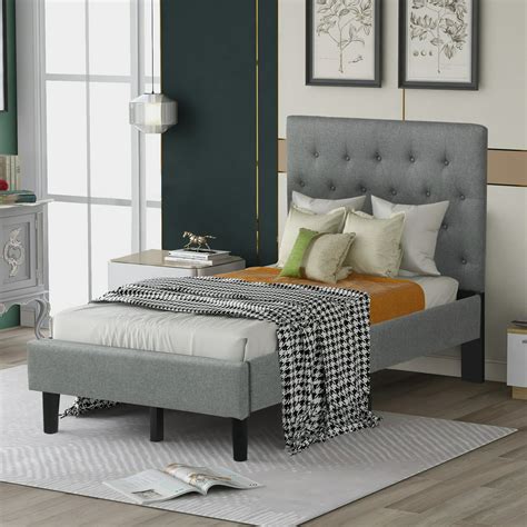 Classics Upholstered Linen Platform Bed With Tufted Headboard Twin