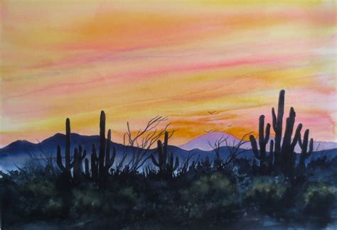 Desert Sunset Watercolor Original Southwest Cactus Sky Silhouette