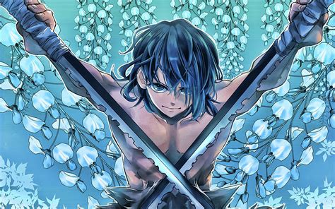 Inosuke Hashibira Swords Demon Hunter Blue Flowers Kimetsu No Yaiba