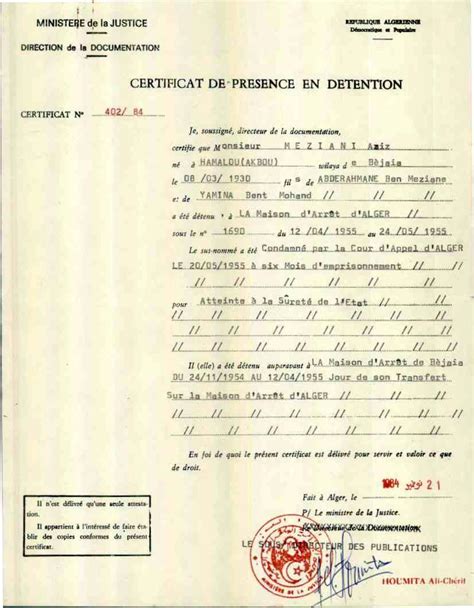 Certificat De Présence En Detention Béjaia Histoire 08 La Guerre