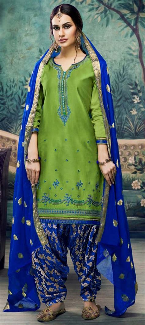Party Wear Green Color Cotton Satin Silk Fabric Salwar Kameez 1580174