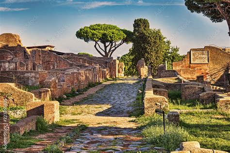 Archaeological Roman Ruin Street View In Ostia Antica A Beautiful
