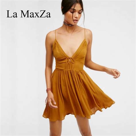 Women Sexy Spaghetti Strap Mini Dress La Maxza 2018 Summer Wear High Fashion V Neck A Line