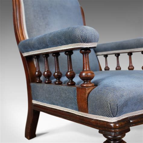 Antique Armchair English Victorian Club Chair Walnut Blue Circa