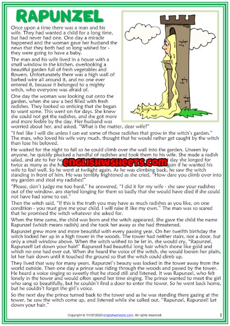 Rapunzel Esl Reading Text Worksheet For Kids