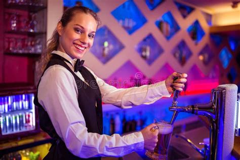 Portrait Of Happy Barmaid Pouring Beer In Glass Stock Image Image Of Nightlife Alcohol