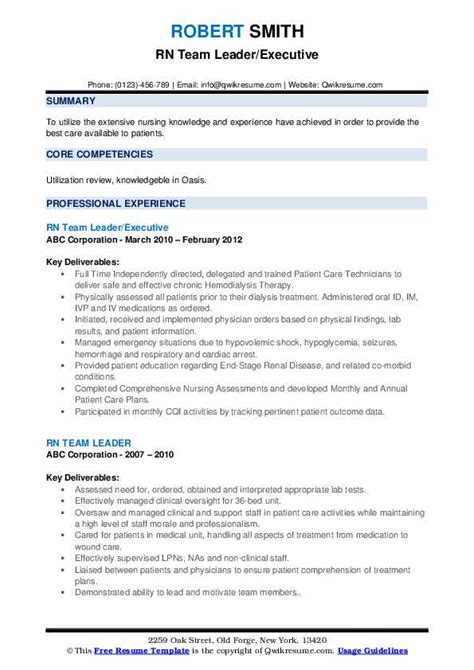If you've been working for a few years and have a few solid positions to show, put your education after your team leader experience. RN Team Leader Resume Samples | QwikResume