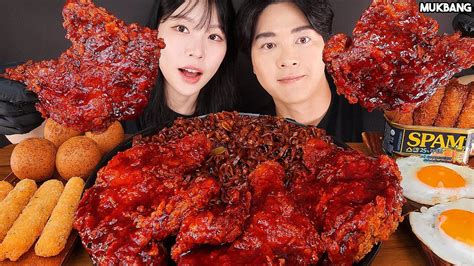 ASMR MUKBANG FRIED CHICKEN BLACK BEAN NOODLE SPAM EATING With SULGI