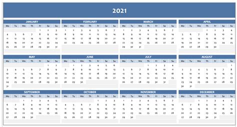 Als jahresübersicht im taschenkalender, als bürokalender für die schreibunterlage oder an die wand. Free Full Year Calendar for 2021 excel template