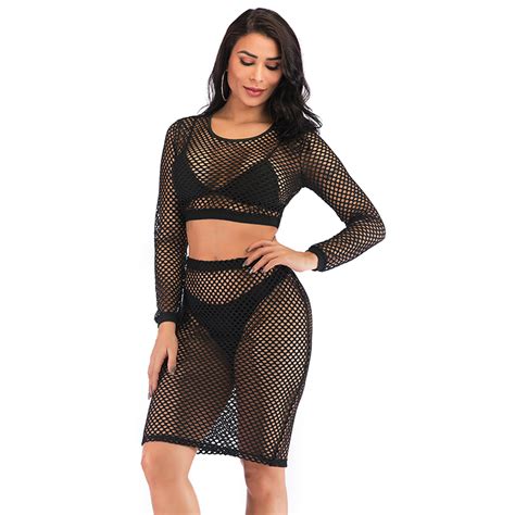 Sexy Sheer Black Mesh Long Sleeves Round Neckline Crop Top And Skirt