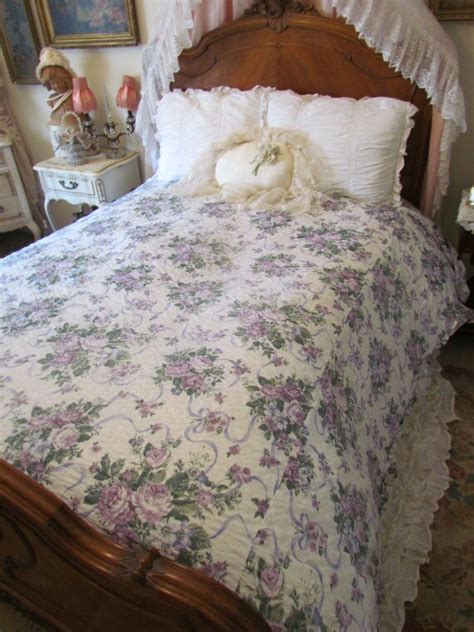 Purple Rose Ruffled Seersucker Summer Bedspread Full Queen