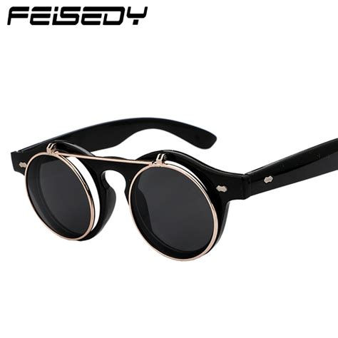 Feisedy Fashion Vintage Steampunk Goth Sunglasses Women Retro Round Flip Up Sun Glasses Men