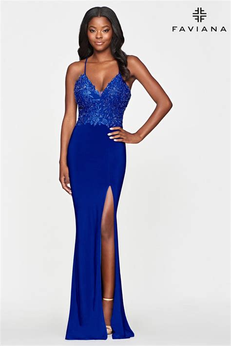 Style S10686 Faviana Royal Blue Size 8 Fitted Jersey Side Slit Dress On