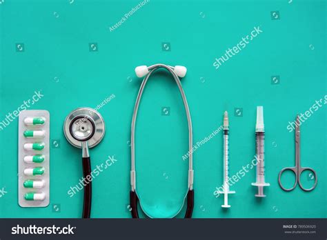 Medical Equipments Including Stethoscope Scissors Syringes And
