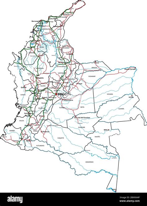 Mapa De Carreteras Y Autopistas De Colombia Ilustración Vectorial