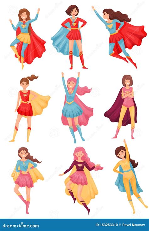 Set Of Images Of Women Superheroes Vector Illustration On White