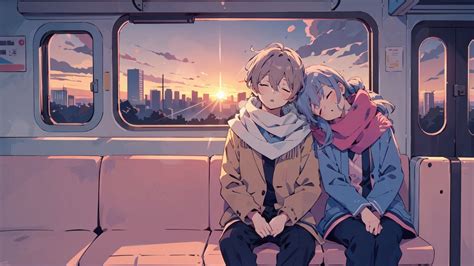 Download Wallpaper 1920x1080 Couple Sleep Romance Train Dawn Anime
