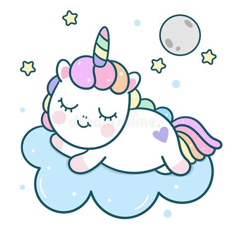 Cute Unicorn Vector Pony Cartoon With Moon On Cloud Magic Sleeping