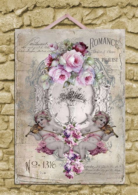 Shabby Chic Wall Plaque Art Print Decor Cherubs Roses 28 X 40 A3