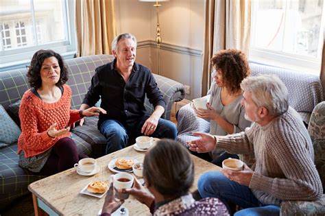 No need to register, buy now! Group Of Middle Aged Friends Meeting Around Table In ...