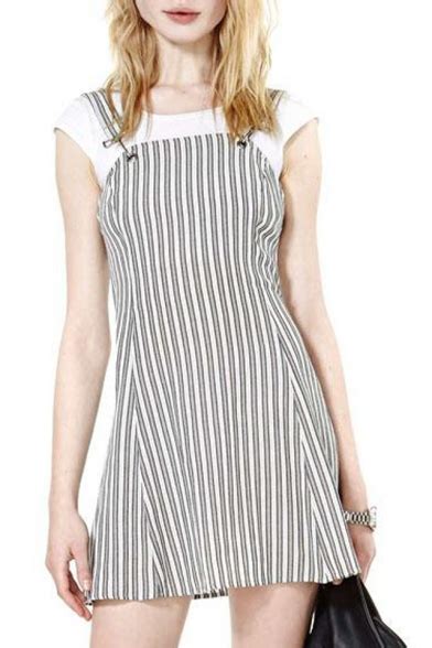 Grayandwhite Stripe Vintage Schoolgirl Style A Line Dress With Strap