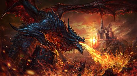 Fantasy Dragon Is Breathing Fire On Castle Hd Dreamy Wallpapers Hd
