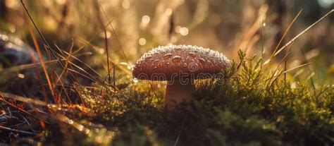 Boletus Mushroom In Dew Drops In Grass In Forest On A Sunny Summer Day