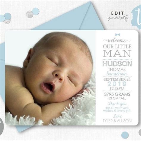 Boy Birth Announcement Template Baby Boy Thank You Card Little Etsy