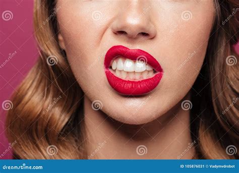Close Up Of Red Lips Of Displeased Lady Stock Image Image Of Caucasian Female 105876031