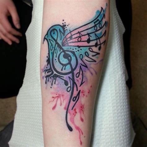 Good Looking Music Bird Watercolor Tattoo On Arm For Girls Music Bird