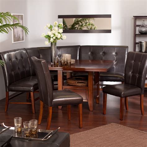 Comprising of a table that can accommodate around 4 people, with seating in the form of benches or a booth with one or two chairs or a bench on the opposite side of it. Ravella 6-Piece Dining Nook Set at Hayneedle