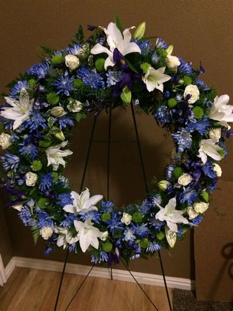Truloveblooms Blue Funeral Wreath White Lilies Roses Delphinium