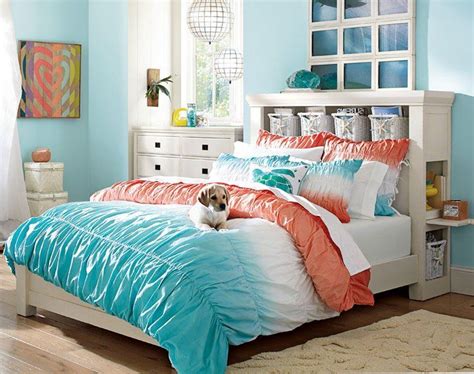 Coral and turquoise themed bed room style for teenage women. Teenage Girl Bedroom Ideas Turquoise Orange Pbteen ...