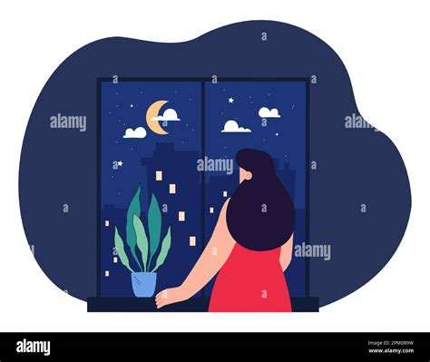 Girl Looking Out Window At Night City Flat Vector Illustration Stock Vector Image And Art Alamy