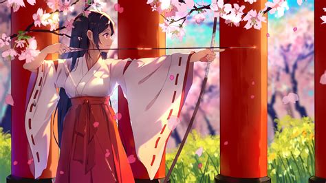Hd Wallpaper Cherry Blossom Miko Anime Girls Japanese Kimono