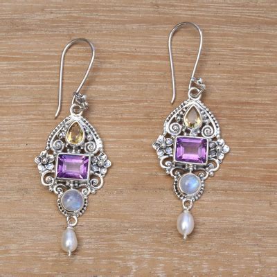 Multi Gemstone And Ornate Sterling Silver Dangle Earrings Intricate