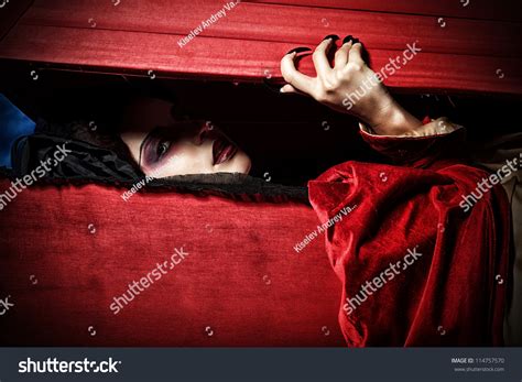 Bloodthirsty Female Vampire Rises Coffin On Stock Photo 114757570