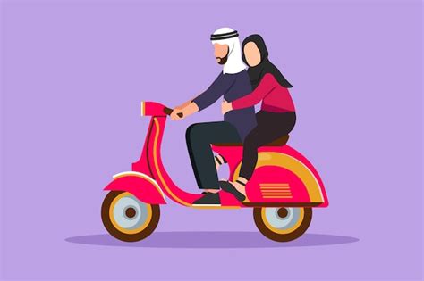 premium vector cartoon flat style drawing romantic arab couple riding motorcycle man driving