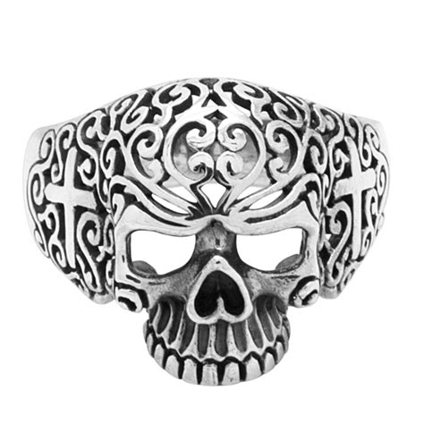 925 Silver Detailed Skull Ring Silver And Titanium Rings Suay Design