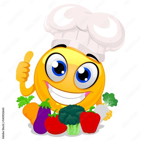 Vector Illustration Of Smiley Emoticon Wearing Chef Hat Holding