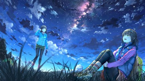 Download 1920x1080 Anime Girls Landscape Scenic Sky Stars Clouds