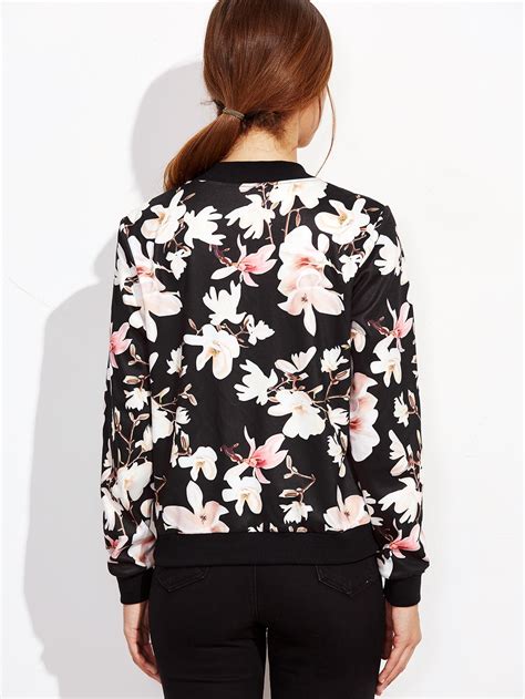 Black Flower Print Zip Up Bomber Jacket Sheinsheinside