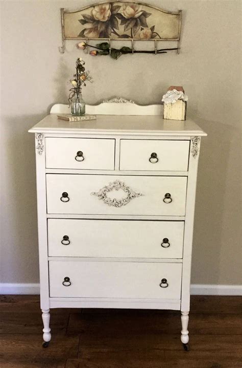 Only 1 available and it's in 1 person's cart. Vintage Creamy White Dresser Tall Narrow Cottage Chic Chest of Drawers with Five Drawers and ...